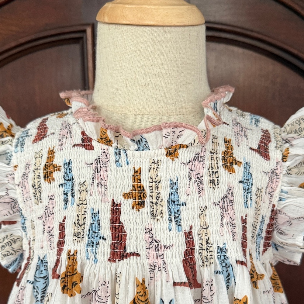 PINK CHICKEN Cat Print Dress Girls 4T Smocked Flutter Sleeve - Picture 4 of 9